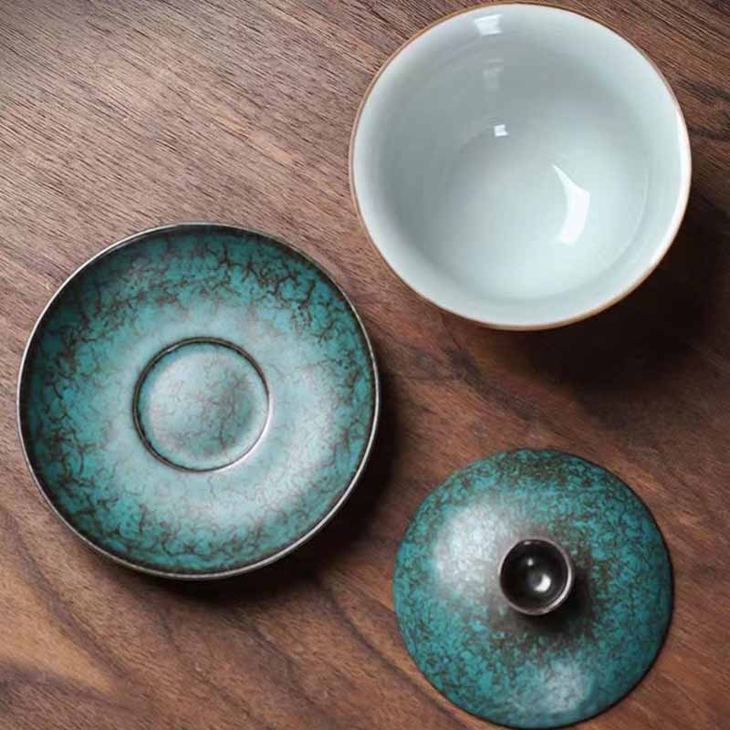 Buddha Stones Tradycyjna Sosna Zielona Ceramiczna Gaiwan Sancai Filiżanka Do Herbaty Kung Fu Filiżanka Do Herbaty I Spodek Z Pokrywką