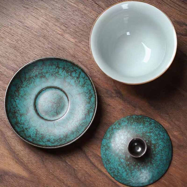 Buddha Stones Tradycyjna Sosna Zielona Ceramiczna Gaiwan Sancai Filiżanka Do Herbaty Kung Fu Filiżanka Do Herbaty I Spodek Z Pokrywką
