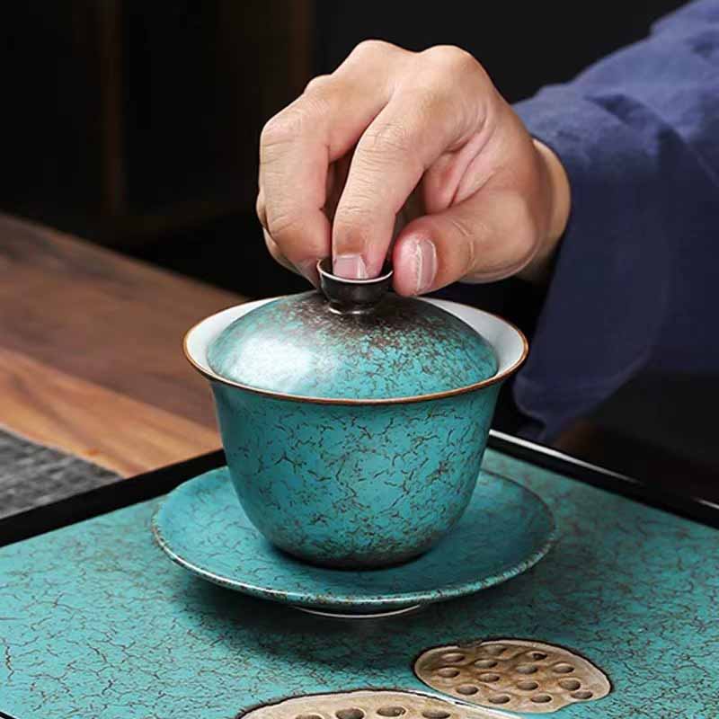 Buddha Stones Tradycyjna Sosna Zielona Ceramiczna Gaiwan Sancai Filiżanka Do Herbaty Kung Fu Filiżanka Do Herbaty I Spodek Z Pokrywką