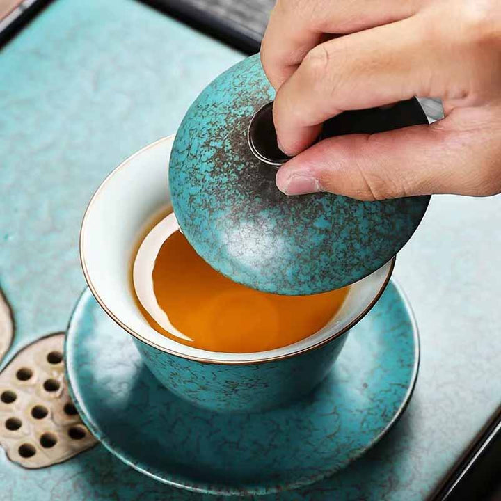 Buddha Stones Tradycyjna Sosna Zielona Ceramiczna Gaiwan Sancai Filiżanka Do Herbaty Kung Fu Filiżanka Do Herbaty I Spodek Z Pokrywką