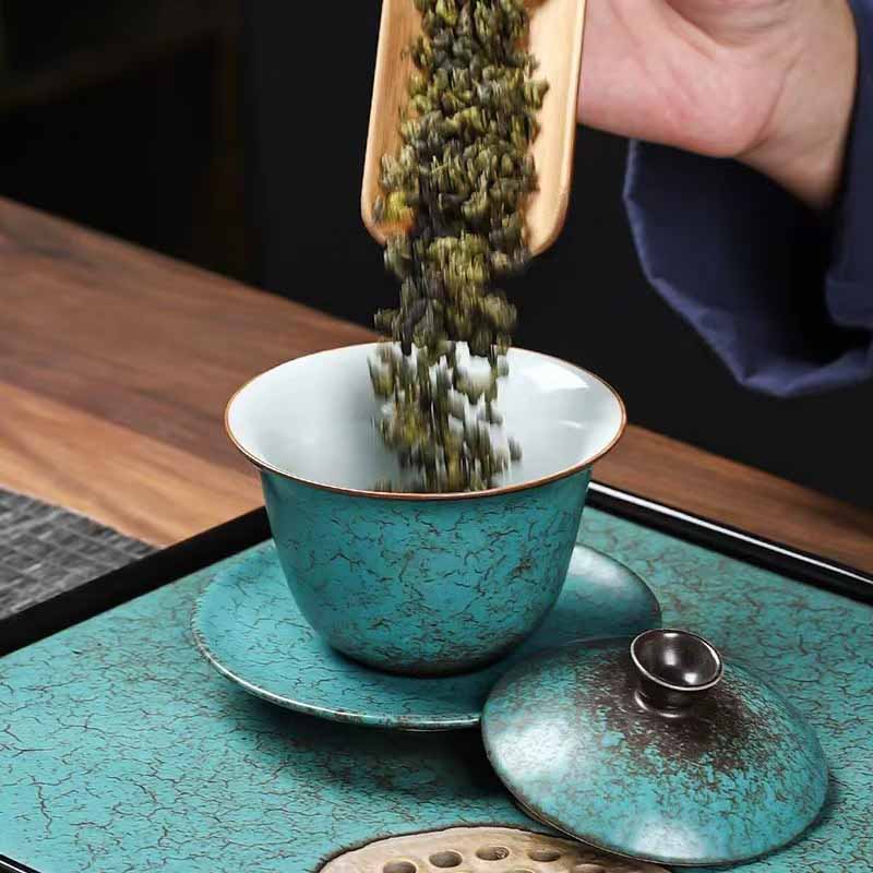 Buddha Stones Tradycyjna Sosna Zielona Ceramiczna Gaiwan Sancai Filiżanka Do Herbaty Kung Fu Filiżanka Do Herbaty I Spodek Z Pokrywką