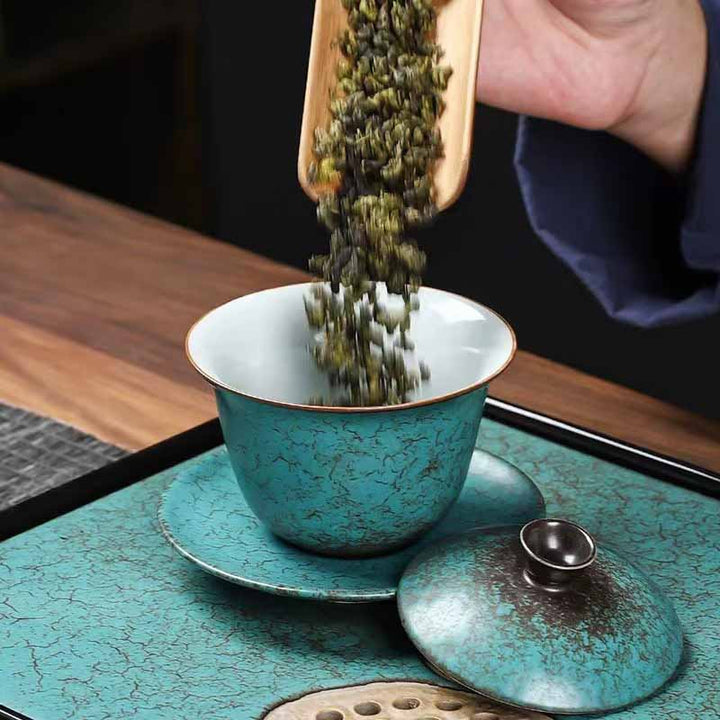 Buddha Stones Tradycyjna Sosna Zielona Ceramiczna Gaiwan Sancai Filiżanka Do Herbaty Kung Fu Filiżanka Do Herbaty I Spodek Z Pokrywką