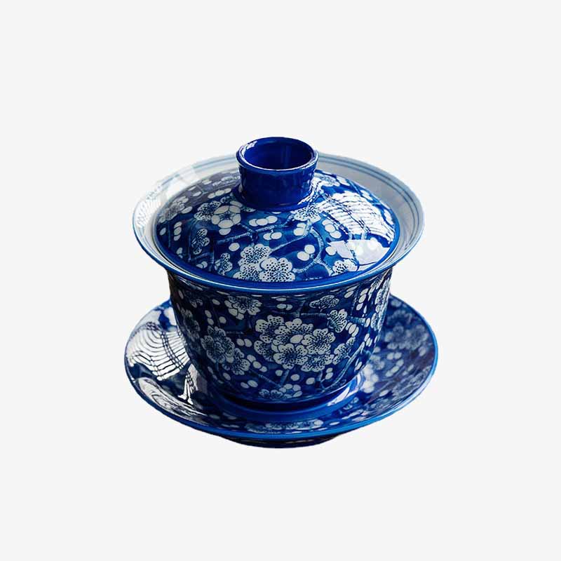 Buddha Stones Kwiat Śliwy Niebieski I Biały Porcelana Ceramiczna Gaiwan Sancai Filiżanka Do Herbaty Kung Fu Filiżanka Do Herbaty I Spodek Z Pokrywką 185 ml