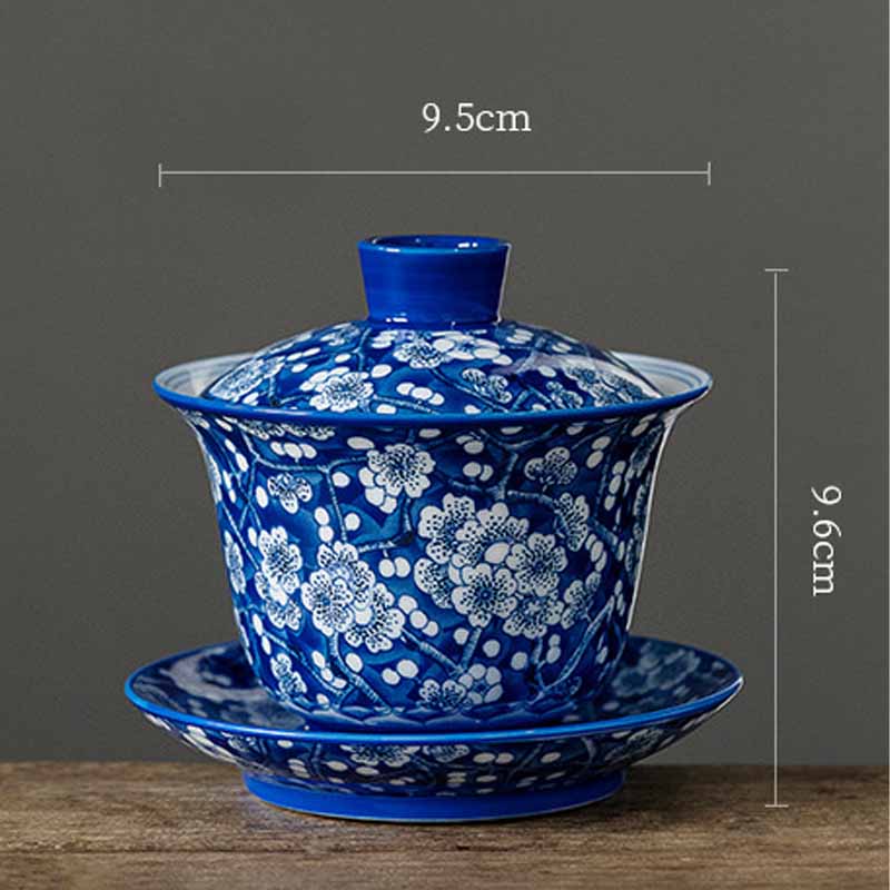 Buddha Stones Kwiat Śliwy Niebieski I Biały Porcelana Ceramiczna Gaiwan Sancai Filiżanka Do Herbaty Kung Fu Filiżanka Do Herbaty I Spodek Z Pokrywką 185 ml