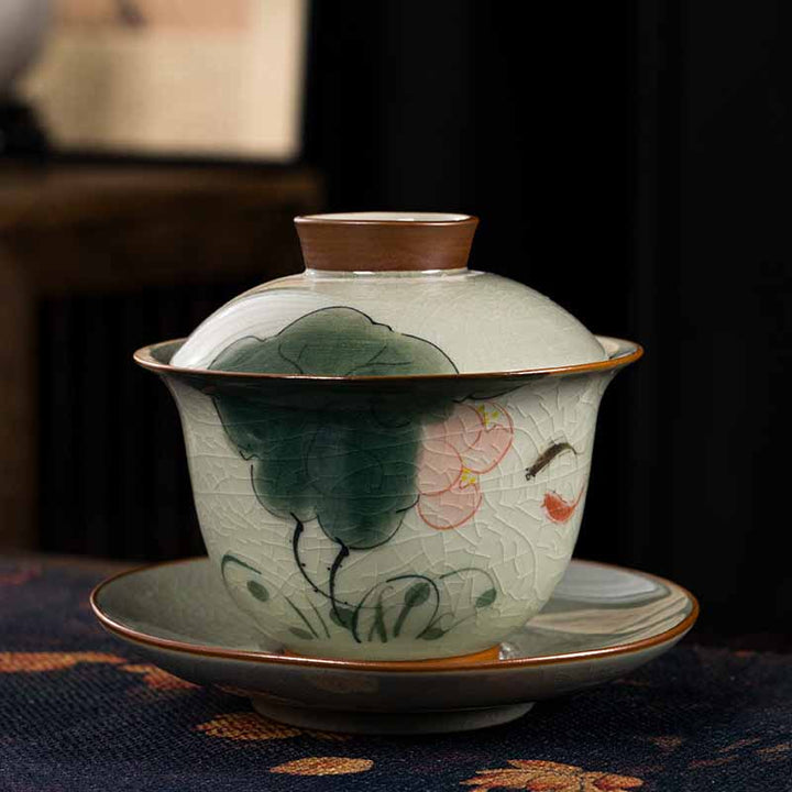 Buddha Stones Lotos Koi Ryba Strąk Liść Ceramiczny Gaiwan Sancai Filiżanka Kung Fu Filiżanka I Spodek Z Pokrywką 140 ml