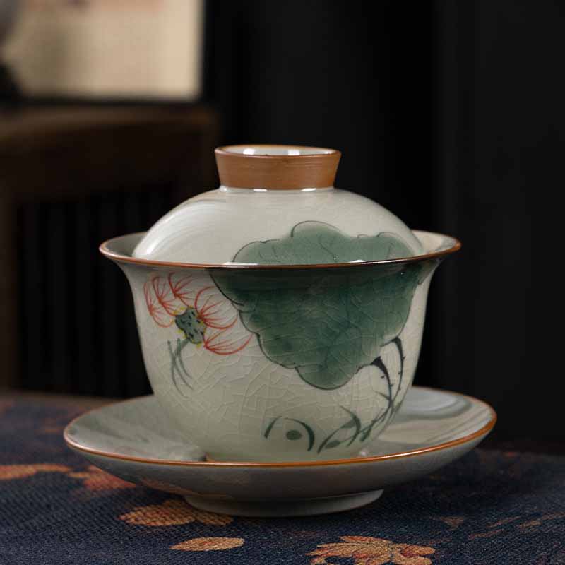 Buddha Stones Lotos Koi Ryba Strąk Liść Ceramiczny Gaiwan Sancai Filiżanka Kung Fu Filiżanka I Spodek Z Pokrywką 140 ml
