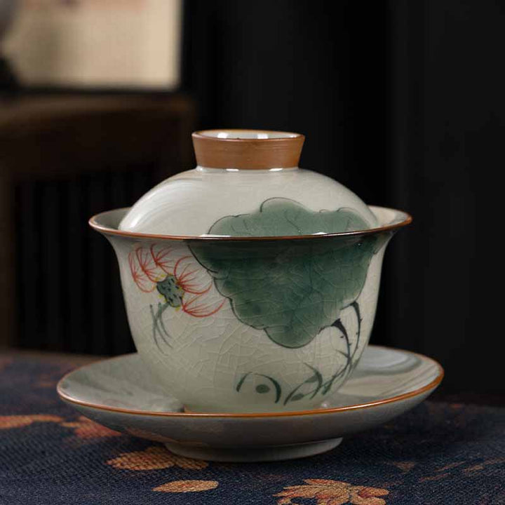 Buddha Stones Lotos Koi Ryba Strąk Liść Ceramiczny Gaiwan Sancai Filiżanka Kung Fu Filiżanka I Spodek Z Pokrywką 140 ml