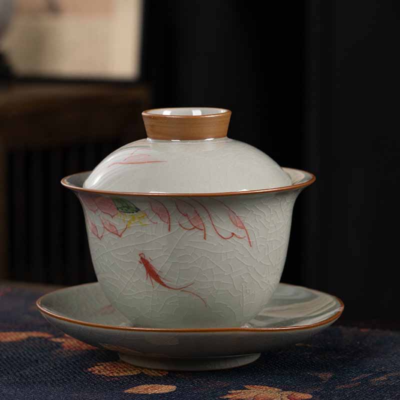 Buddha Stones Lotos Koi Ryba Strąk Liść Ceramiczny Gaiwan Sancai Filiżanka Kung Fu Filiżanka I Spodek Z Pokrywką 140 ml
