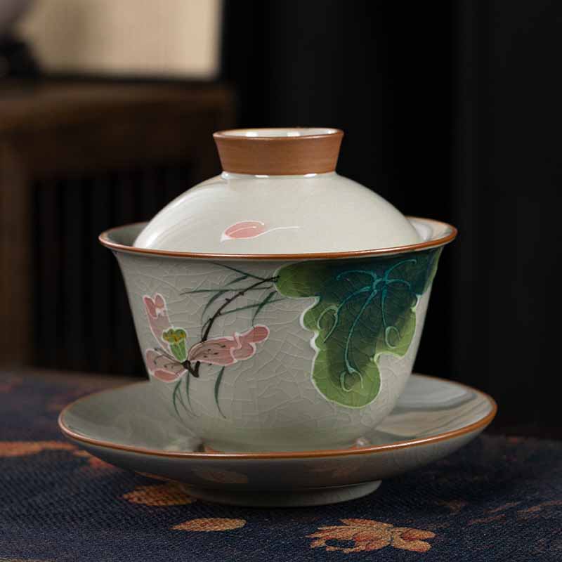 Buddha Stones Lotos Koi Ryba Strąk Liść Ceramiczny Gaiwan Sancai Filiżanka Kung Fu Filiżanka I Spodek Z Pokrywką 140 ml