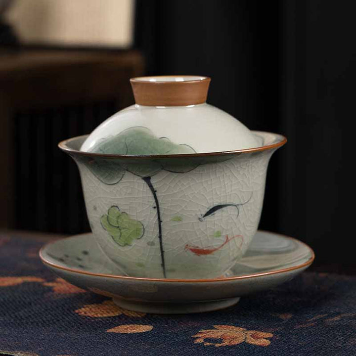 Buddha Stones Lotos Koi Ryba Strąk Liść Ceramiczny Gaiwan Sancai Filiżanka Kung Fu Filiżanka I Spodek Z Pokrywką 140 ml