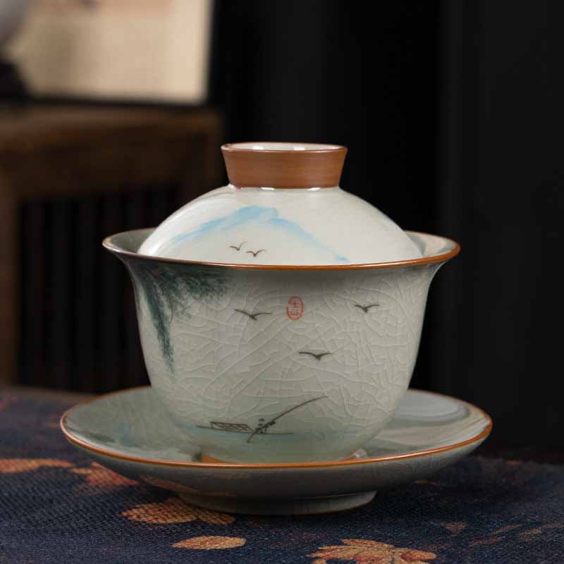 Buddha Stones Lotos Koi Ryba Strąk Liść Ceramiczny Gaiwan Sancai Filiżanka Kung Fu Filiżanka I Spodek Z Pokrywką 140 ml