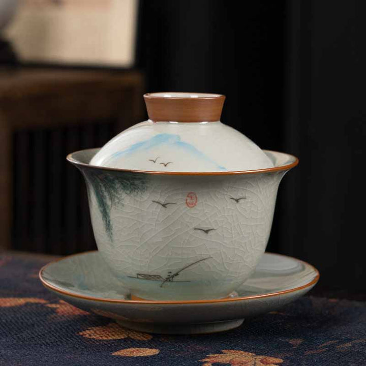Buddha Stones Lotos Koi Ryba Strąk Liść Ceramiczny Gaiwan Sancai Filiżanka Kung Fu Filiżanka I Spodek Z Pokrywką 140 ml