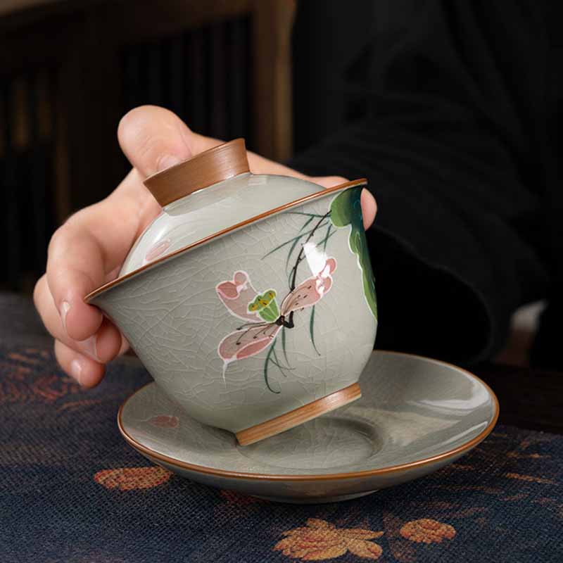 Buddha Stones Lotos Koi Ryba Strąk Liść Ceramiczny Gaiwan Sancai Filiżanka Kung Fu Filiżanka I Spodek Z Pokrywką 140 ml
