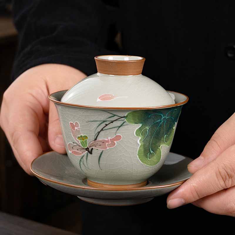 Buddha Stones Lotos Koi Ryba Strąk Liść Ceramiczny Gaiwan Sancai Filiżanka Kung Fu Filiżanka I Spodek Z Pokrywką 140 ml