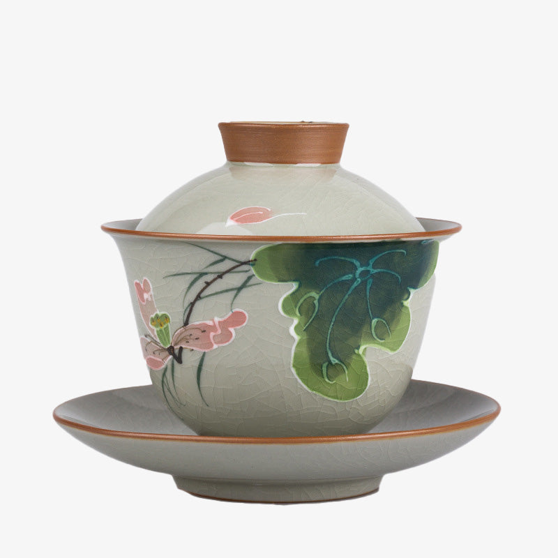 Buddha Stones Lotos Koi Ryba Strąk Liść Ceramiczny Gaiwan Sancai Filiżanka Kung Fu Filiżanka I Spodek Z Pokrywką 140 ml