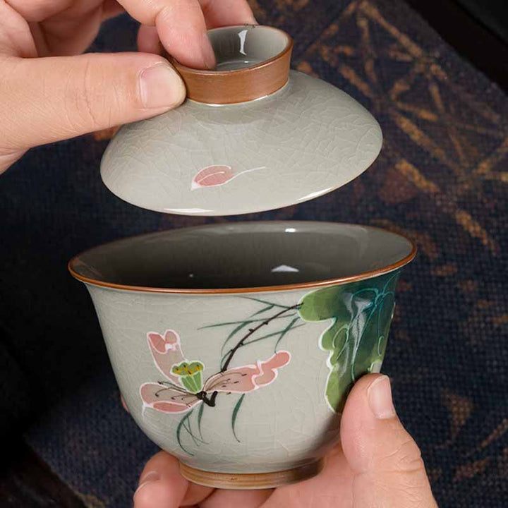 Buddha Stones Lotos Koi Ryba Strąk Liść Ceramiczny Gaiwan Sancai Filiżanka Kung Fu Filiżanka I Spodek Z Pokrywką 140 ml