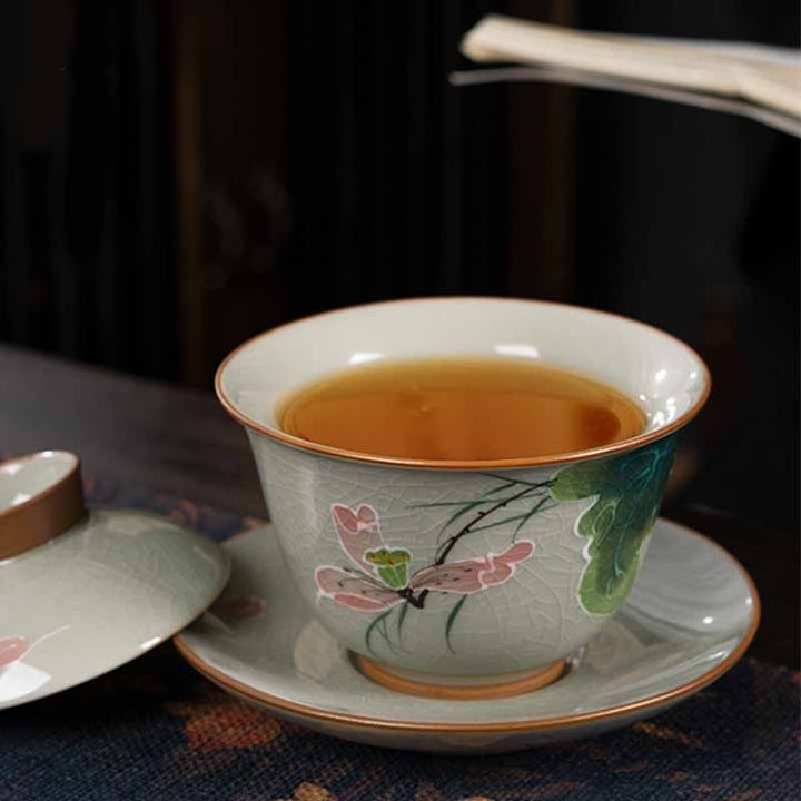 Buddha Stones Lotos Koi Ryba Strąk Liść Ceramiczny Gaiwan Sancai Filiżanka Kung Fu Filiżanka I Spodek Z Pokrywką 140 ml