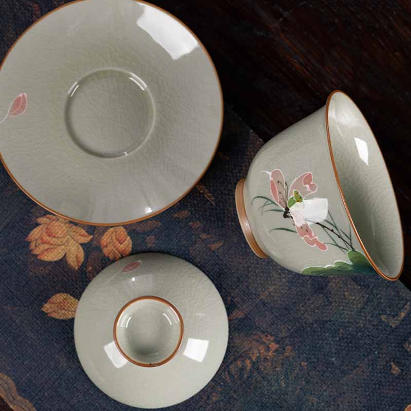 Buddha Stones Lotos Koi Ryba Strąk Liść Ceramiczny Gaiwan Sancai Filiżanka Kung Fu Filiżanka I Spodek Z Pokrywką 140 ml