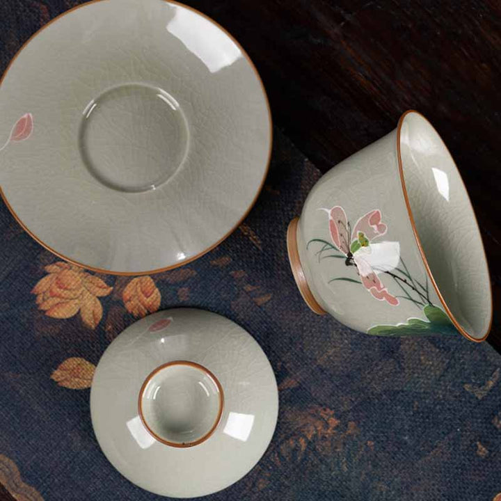 Buddha Stones Lotos Koi Ryba Strąk Liść Ceramiczny Gaiwan Sancai Filiżanka Kung Fu Filiżanka I Spodek Z Pokrywką 140 ml