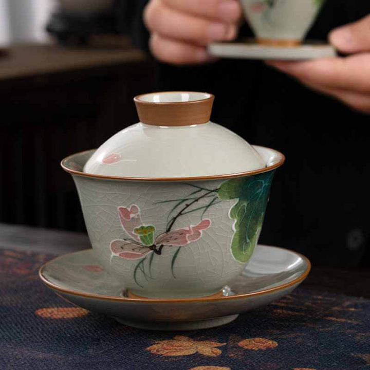 Buddha Stones Lotos Koi Ryba Strąk Liść Ceramiczny Gaiwan Sancai Filiżanka Kung Fu Filiżanka I Spodek Z Pokrywką 140 ml