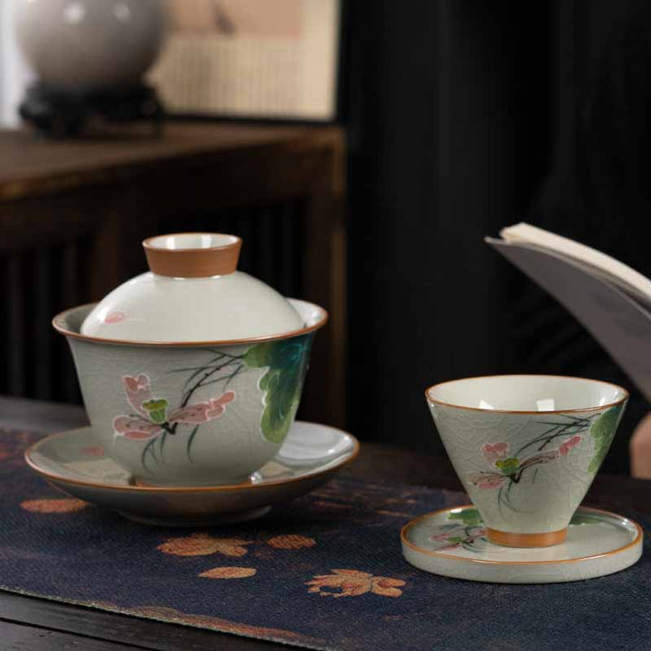 Buddha Stones Lotos Koi Ryba Strąk Liść Ceramiczny Gaiwan Sancai Filiżanka Kung Fu Filiżanka I Spodek Z Pokrywką 140 ml