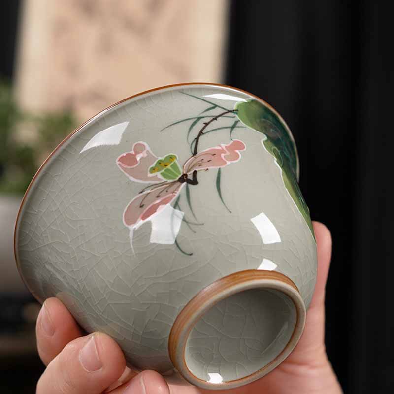 Buddha Stones Lotos Koi Ryba Strąk Liść Ceramiczny Gaiwan Sancai Filiżanka Kung Fu Filiżanka I Spodek Z Pokrywką 140 ml