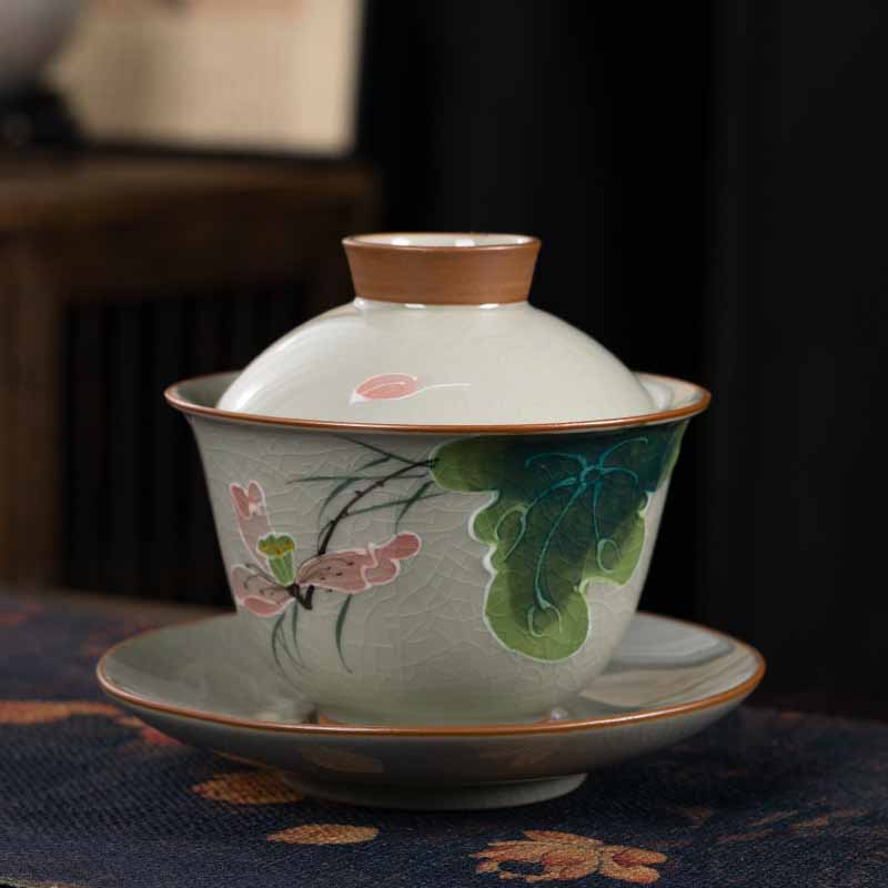 Buddha Stones Lotos Koi Ryba Strąk Liść Ceramiczny Gaiwan Sancai Filiżanka Kung Fu Filiżanka I Spodek Z Pokrywką 140 ml