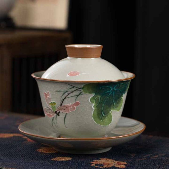 Buddha Stones Lotos Koi Ryba Strąk Liść Ceramiczny Gaiwan Sancai Filiżanka Kung Fu Filiżanka I Spodek Z Pokrywką 140 ml