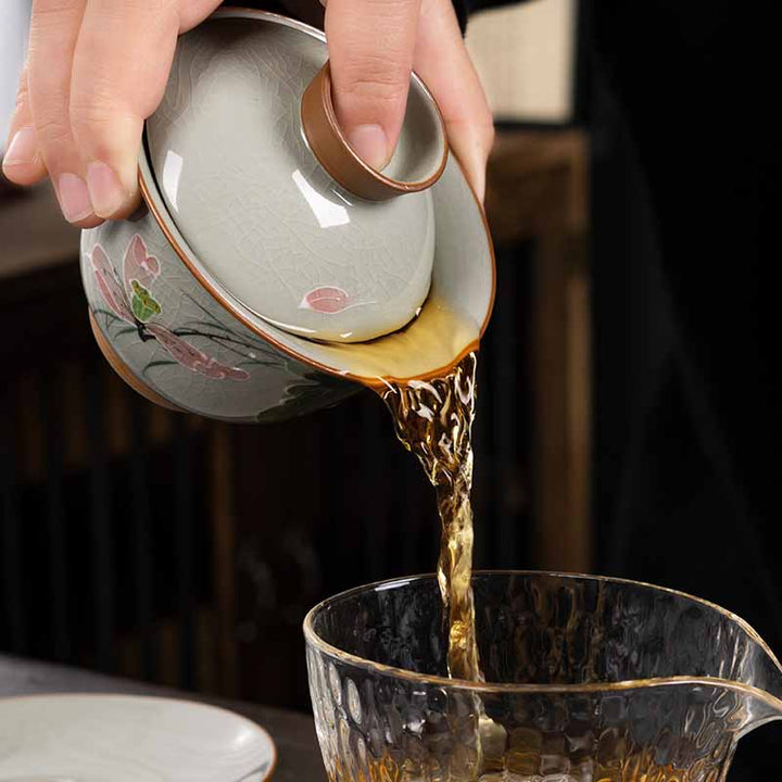 Buddha Stones Lotos Koi Ryba Strąk Liść Ceramiczny Gaiwan Sancai Filiżanka Kung Fu Filiżanka I Spodek Z Pokrywką 140 ml