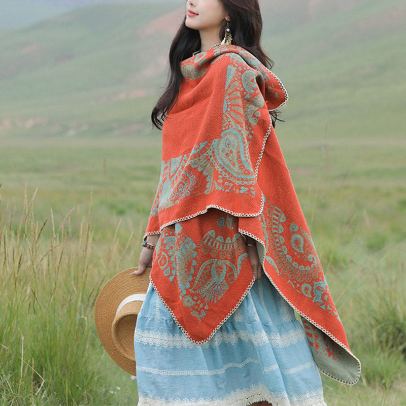 Buddha Stones Tybetański Szal Prosty Wzór Zimowy Przytulny Szalik Podróżny Otulacz - Pomarańczowy 150*130cm - image 0