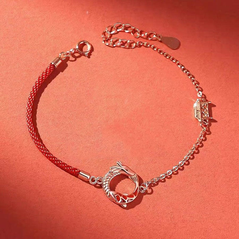 Buddha Stones 925 Srebro Sterling Rok Smoka Miedź Koi Ryba Szczęście Ochrona Bransoletka