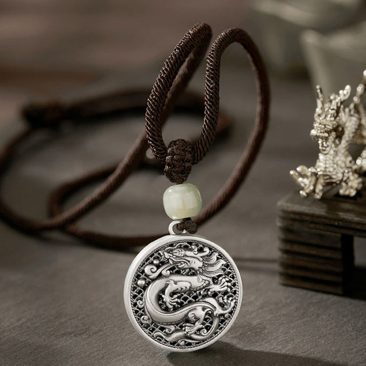 Buddha Stones 999 Srebro Sterling Rok Smoka Fu Charakter Hetian Jade Naszyjnik Sukces Wisiorek
