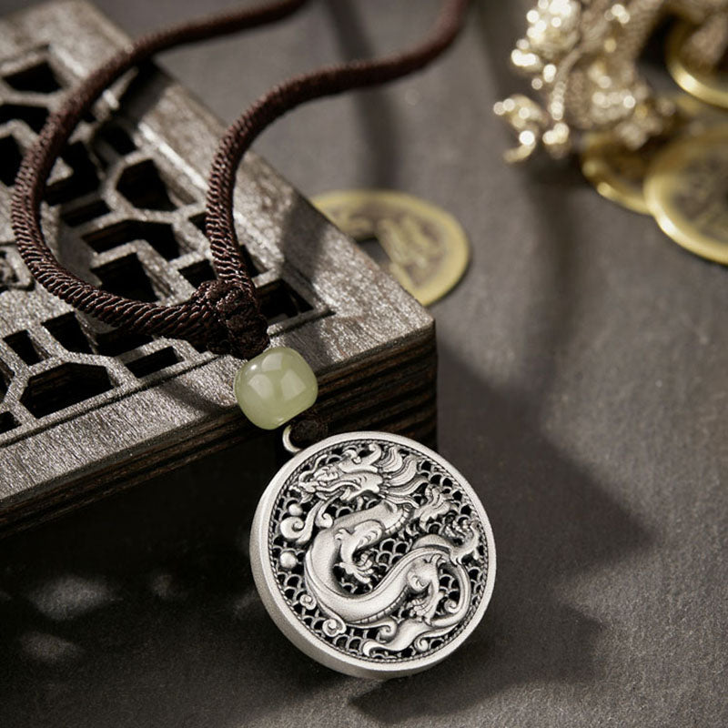 Buddha Stones 999 Srebro Sterling Rok Smoka Fu Charakter Hetian Jade Naszyjnik Sukces Wisiorek