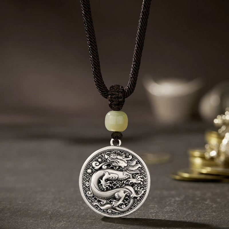 Buddha Stones 999 Srebro Sterling Rok Smoka Fu Charakter Hetian Jade Naszyjnik Sukces Wisiorek