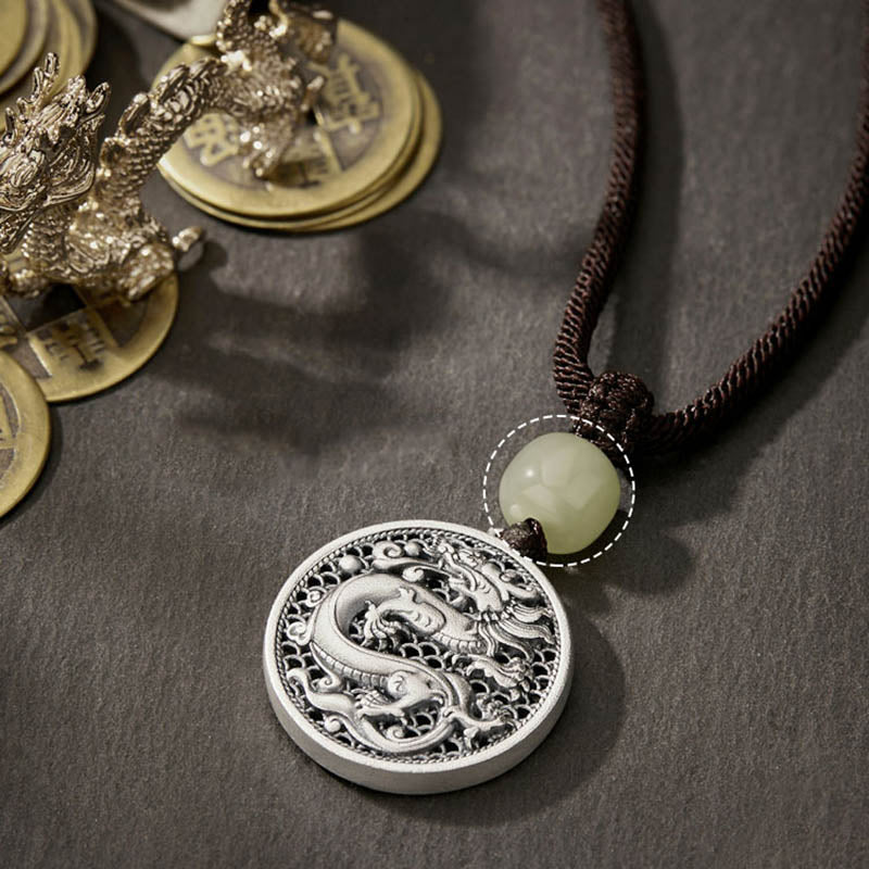 Buddha Stones 999 Srebro Sterling Rok Smoka Fu Charakter Hetian Jade Naszyjnik Sukces Wisiorek