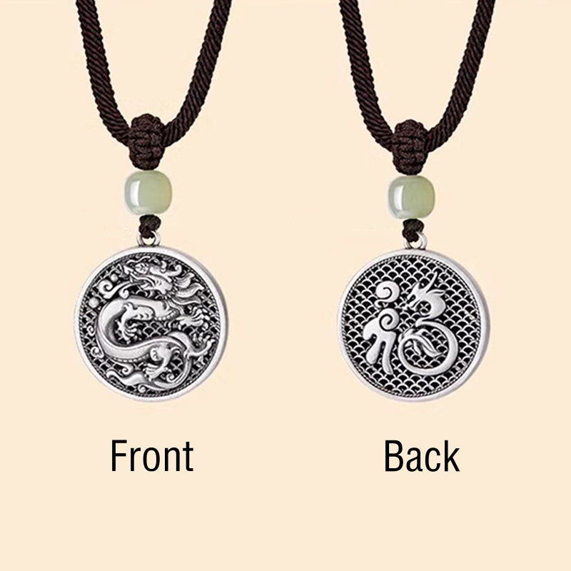 Buddha Stones 999 Srebro Sterling Rok Smoka Fu Charakter Hetian Jade Naszyjnik Sukces Wisiorek