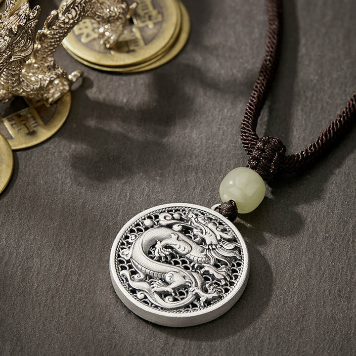 Buddha Stones 999 Srebro Sterling Rok Smoka Fu Charakter Hetian Jade Naszyjnik Sukces Wisiorek