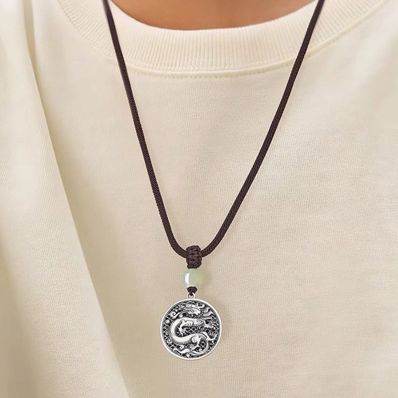 Buddha Stones 999 Srebro Sterling Rok Smoka Fu Charakter Hetian Jade Naszyjnik Sukces Wisiorek