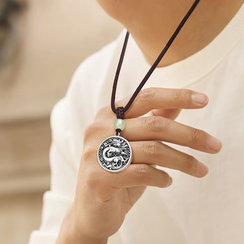 Buddha Stones 999 Srebro Sterling Rok Smoka Fu Charakter Hetian Jade Naszyjnik Sukces Wisiorek