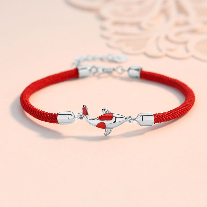 Buddha Stones Koi Ryba Szczęście Bogactwo Bransoletka z Plecionego Łańcucha dla Par - Srebrna bransoletka z rybką koi w kolorze czerwonym (obwód nadgarstka 14-18 cm) - image 2