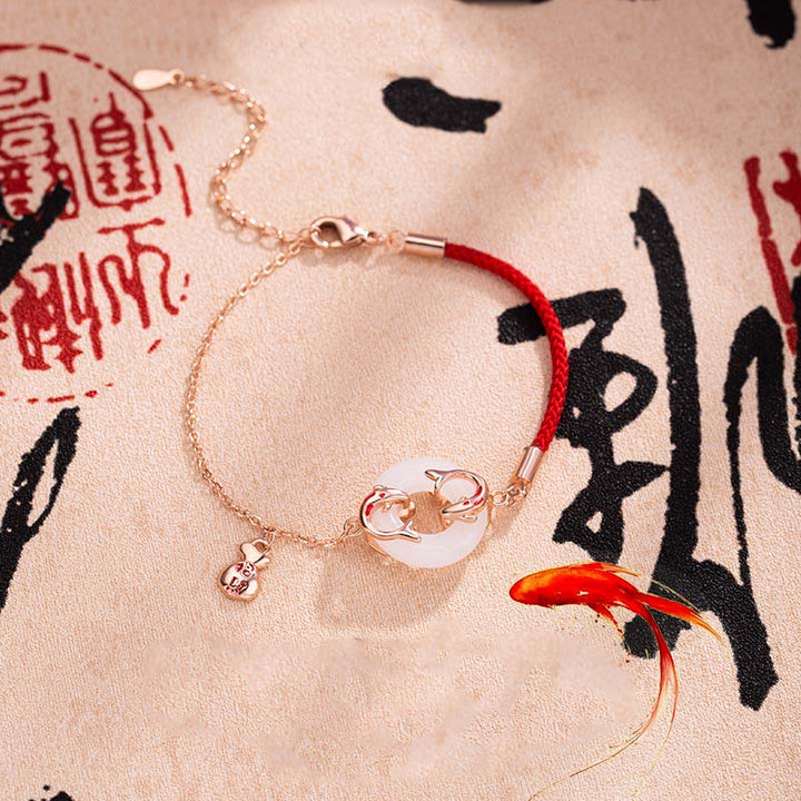 Bransoletka z Buddha Stones White Jade Double Koi Fish Peace Buckle Attract Fortune Luck Charm