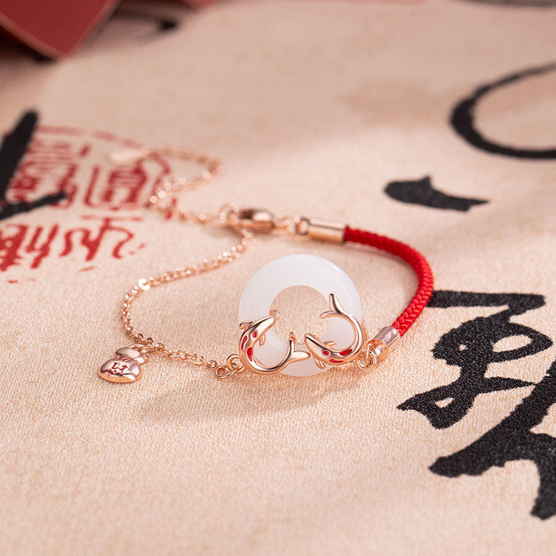 Bransoletka z Buddha Stones White Jade Double Koi Fish Peace Buckle Attract Fortune Luck Charm