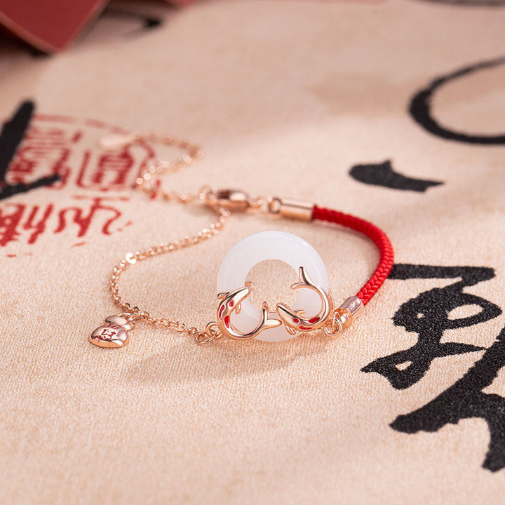Bransoletka z Buddha Stones White Jade Double Koi Fish Peace Buckle Attract Fortune Luck Charm