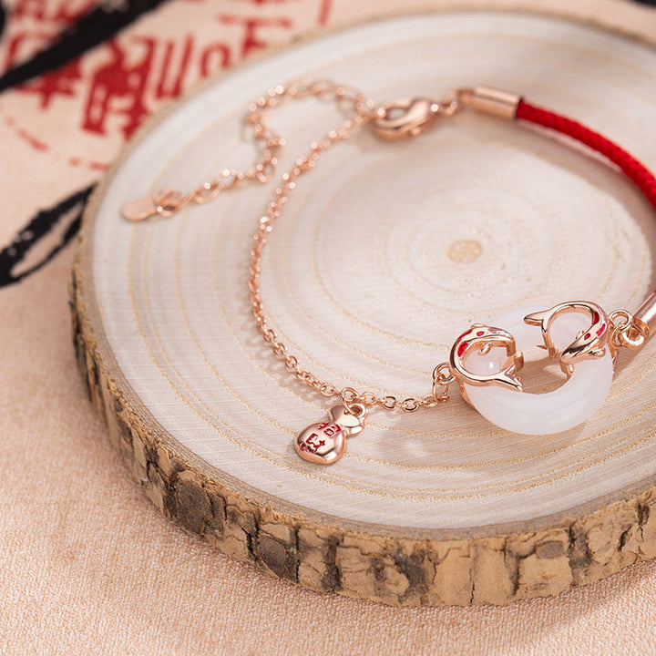 Bransoletka z Buddha Stones White Jade Double Koi Fish Peace Buckle Attract Fortune Luck Charm