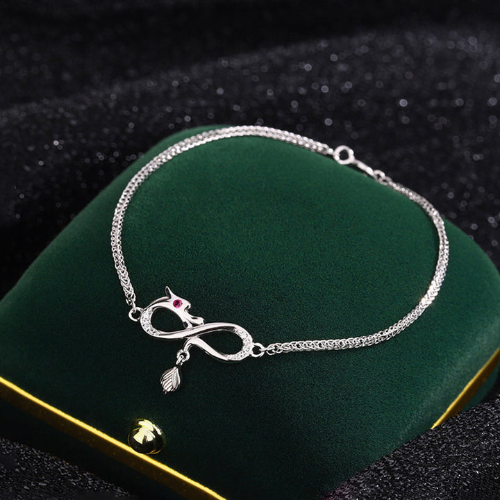 Buddha Stones Rok Smoka 999 Srebro Sterling Cyrkon Nieskończony Węzeł Ogon Charm Bransoletka Ochronna Szczęścia
