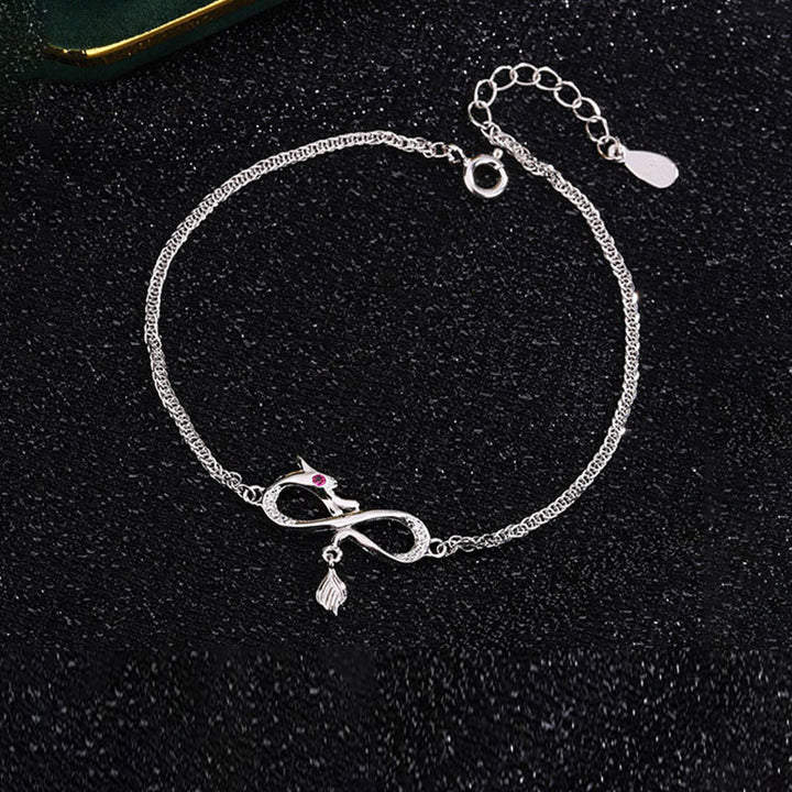 Buddha Stones Rok Smoka 999 Srebro Sterling Cyrkon Nieskończony Węzeł Ogon Charm Bransoletka Ochronna Szczęścia
