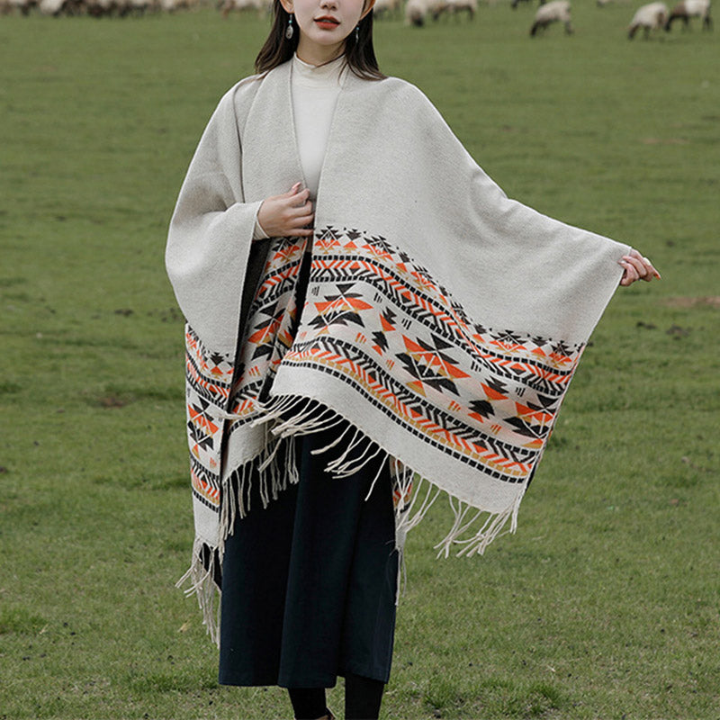 Buddha Stones Tybetański Szal Kolorowa Geometria Zimowy Przytulny Podróżny Szalik Otulacz - Beżowo-brązowy 150*130cm - image 0