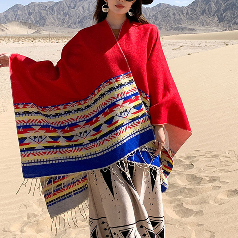 Buddha Stones Tybetański Szal Kolorowa Geometria Zimowy Przytulny Podróżny Szalik Otulacz - Czerwony 150*130cm - image 13