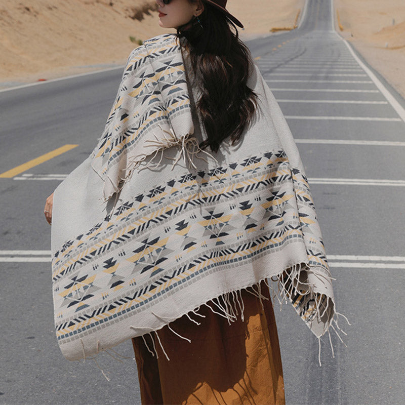 Buddha Stones Tybetański Szal Kolorowa Geometria Zimowy Przytulny Podróżny Szalik Otulacz - Beżowy 150*130cm - image 25