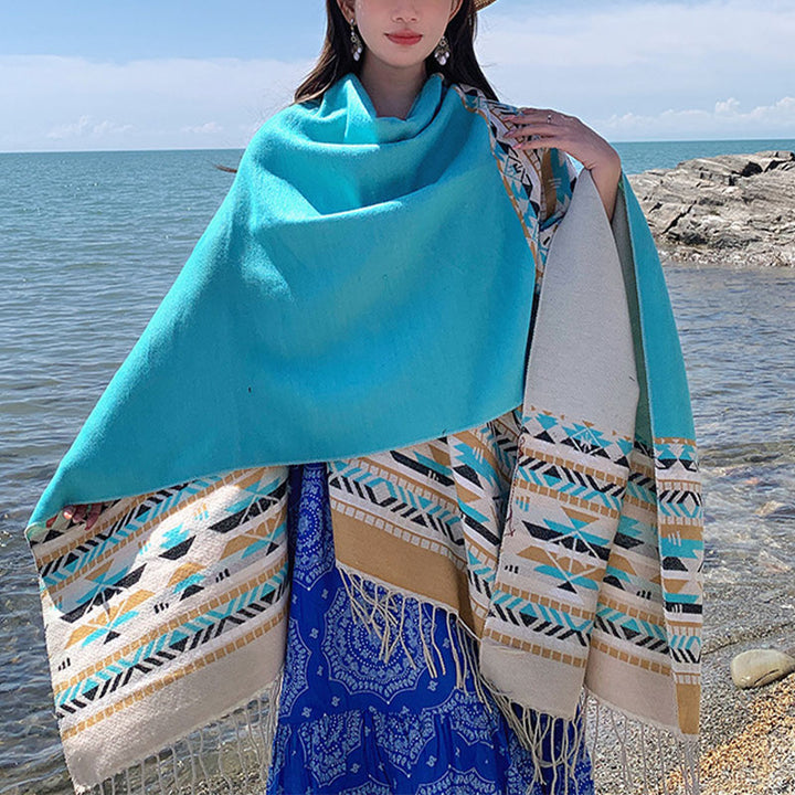 Buddha Stones Tybetański Szal Kolorowa Geometria Zimowy Przytulny Podróżny Szalik Otulacz - Jasnoniebieski Beżowy 150*130cm - image 28